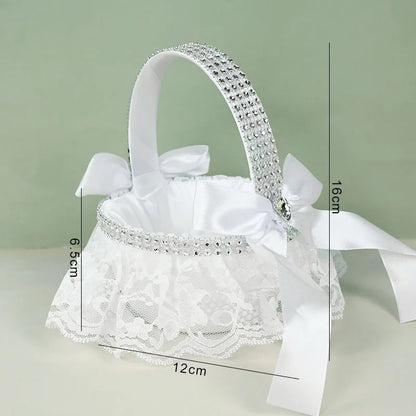 20 cm White Flower Girls Basket Silk Wedding Basket for Flower Bride/Kids Hand Held Wedding Ceremony Party Decorations