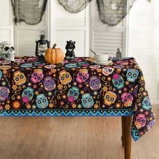 Halloween Mexico Day of The Dead Sugar Skull Flower Fabric Tablecloth Table Decor Waterproof Tablecloth for Table Party Supplies