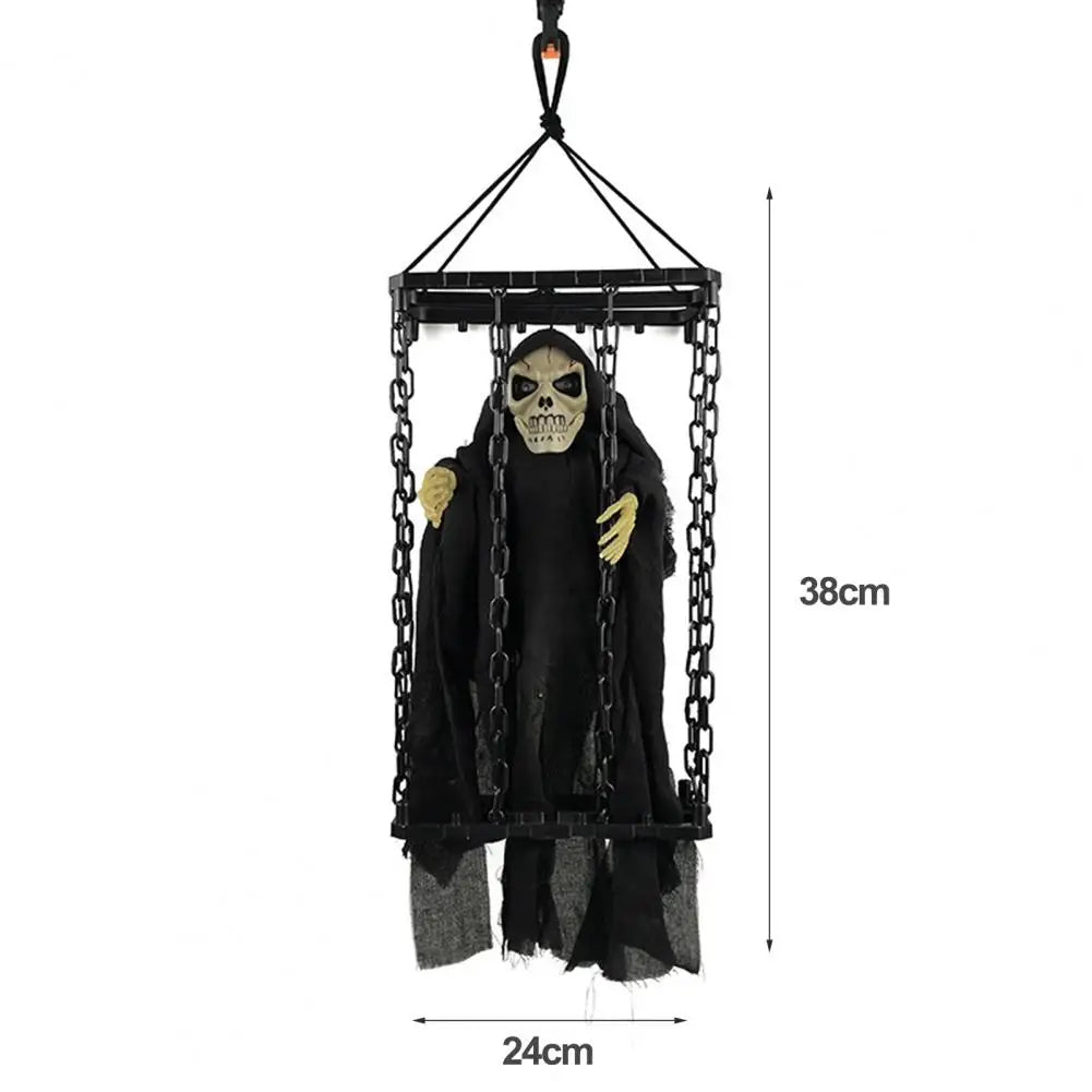 Halloween Outdoor Decoration Ghosts Skeleton Animated Ornament with Lighted Eyes Creepy Laughter Halloween Hanging Prisoner Cage