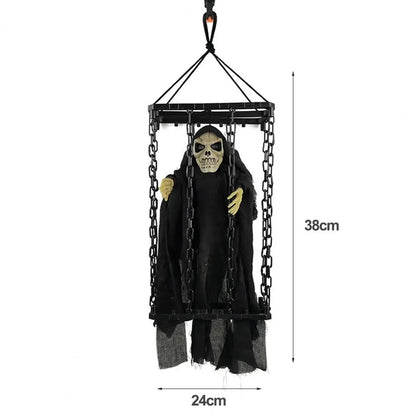 Halloween Outdoor Decoration Ghosts Skeleton Animated Ornament with Lighted Eyes Creepy Laughter Halloween Hanging Prisoner Cage