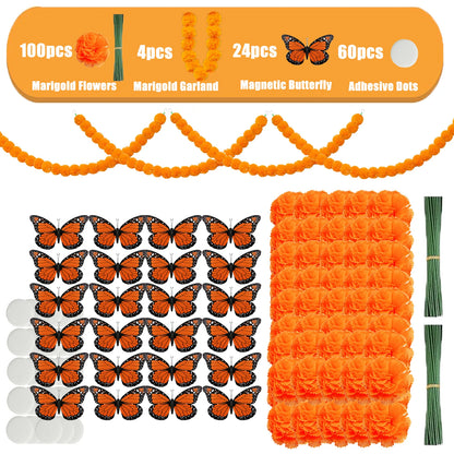 14~380pcs Day of the Dead Marigold Flower Garland Decorations Dia De Los Muertos ofrenda Altar with Monarch Butterfly Mexican