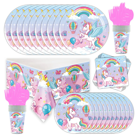 Rainbow Unicorn Theme Party Disposable Tableware Set For Girls' Birthday Party Unicorn Balloon Cupcake Decoration Supplies