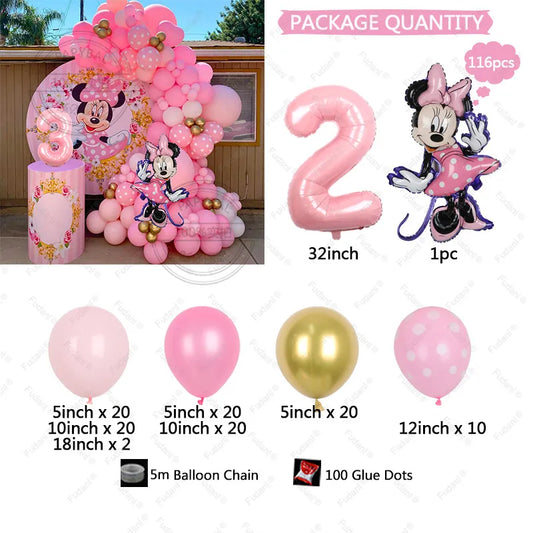 116pcs Minnie Mouse Balloon Garland Kit 32inch Pink Balloons Girls Birthday Party Decorations Baby Shower Globos Supplies