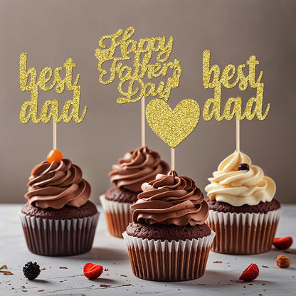 YOMDID 24Pcs Glitter Fathers Day Cake Toppers Happy Fathers Day Cake Toppers Best Dad Heart Cupcake Picks Party Cake Decor
