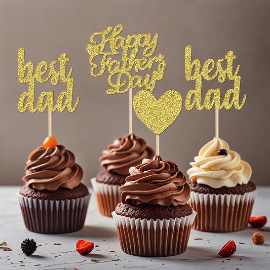 YOMDID 24Pcs Glitter Fathers Day Cake Toppers Happy Fathers Day Cake Toppers Best Dad Heart Cupcake Picks Party Cake Decor