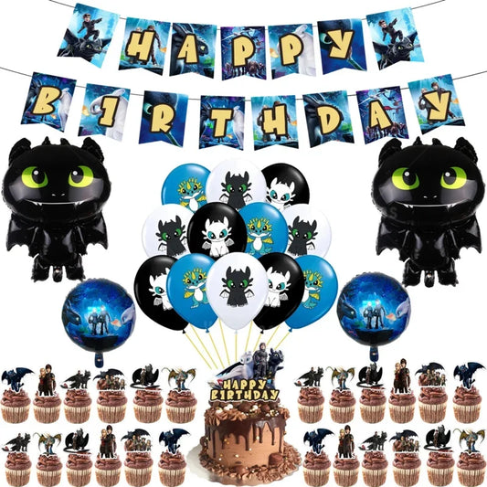 1set How Train Dragon Balloons No Teeth Toothlessing Green Eye Black Loong Party Decoration Happy Birthday Banner Cake Topper