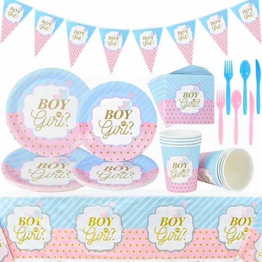 Gender Reveal Disposable Tableware Pink Blue Boy or Girl Plate Napkin Cup Tablecloth Baby Shower Party Table Decoration Supplies