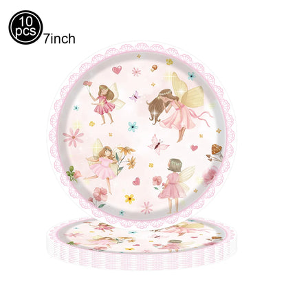 Pink Fairy Party Disposable Tableware Fairy Birthday Party Supplies Plate Cup Napkin Tablecloth Flower Fairies Birthday Decors