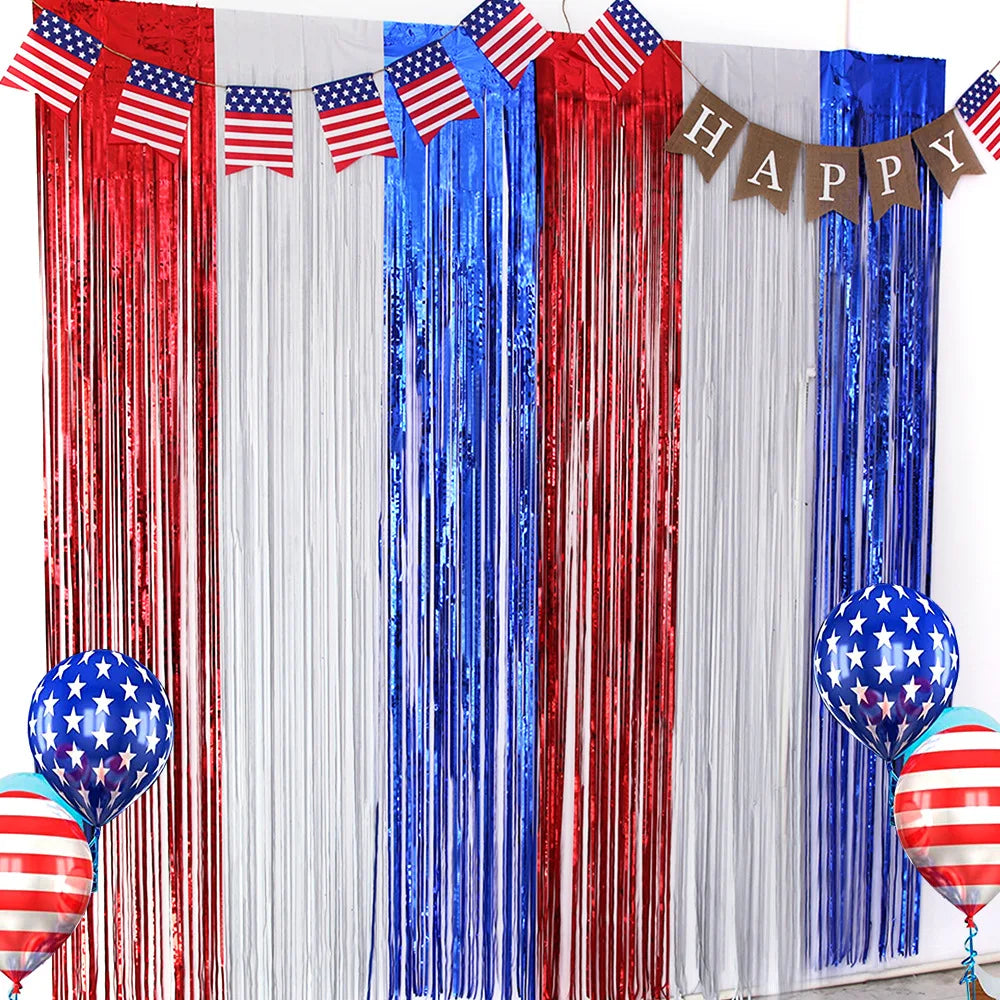 American Independence Day Decoration,American Flag,Red White Blue Metallic Tinsel Foil Fringe Curtains,4th Of July,Photo Props
