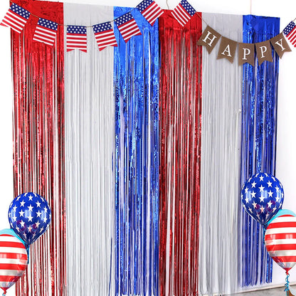 American Independence Day Decoration,American Flag,Red White Blue Metallic Tinsel Foil Fringe Curtains,4th Of July,Photo Props