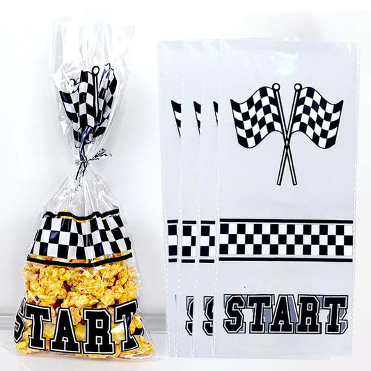 10-50pcs Race Car Cellophane Candy Bags Checkered Racing Flag Treat Bags Goodie Bags Racing Car Themed Birthday Party Supplies