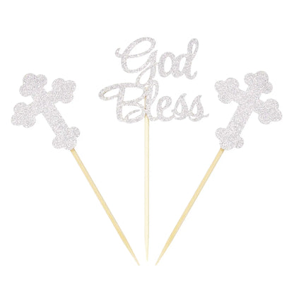 12pcs God Bless Cross Cupcake Toppers Baptism Party Decorations Glitter Bless Cake Topper Dessert Dress Up Baby Birthday