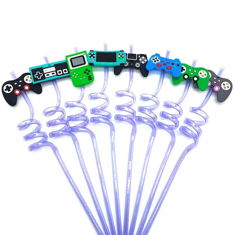 8pcs 26cm Reusable Game Controller Plastic Helical   Straws Gamepad Toys Straw Game Console Theme Kids Birthday Party Decor