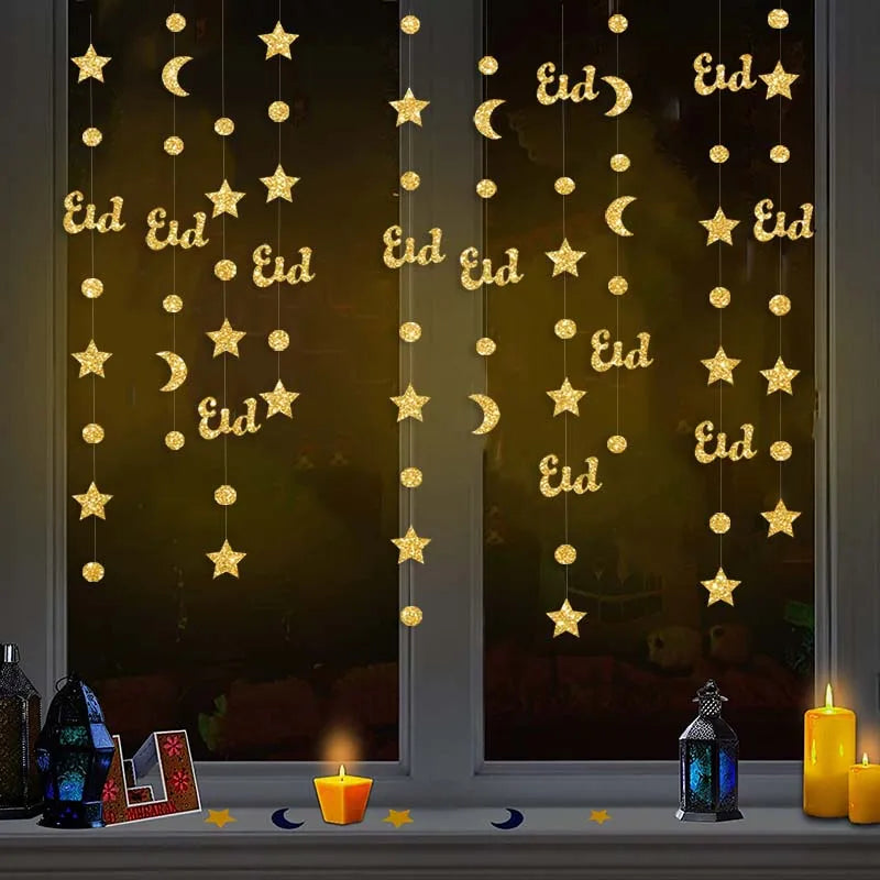 Gold Star Moon Circle Dot Crescent Lamp Eid Paper Garland Gold Mubarak Ramadan Streamer Backdrop Muslim Party Banner Decorations