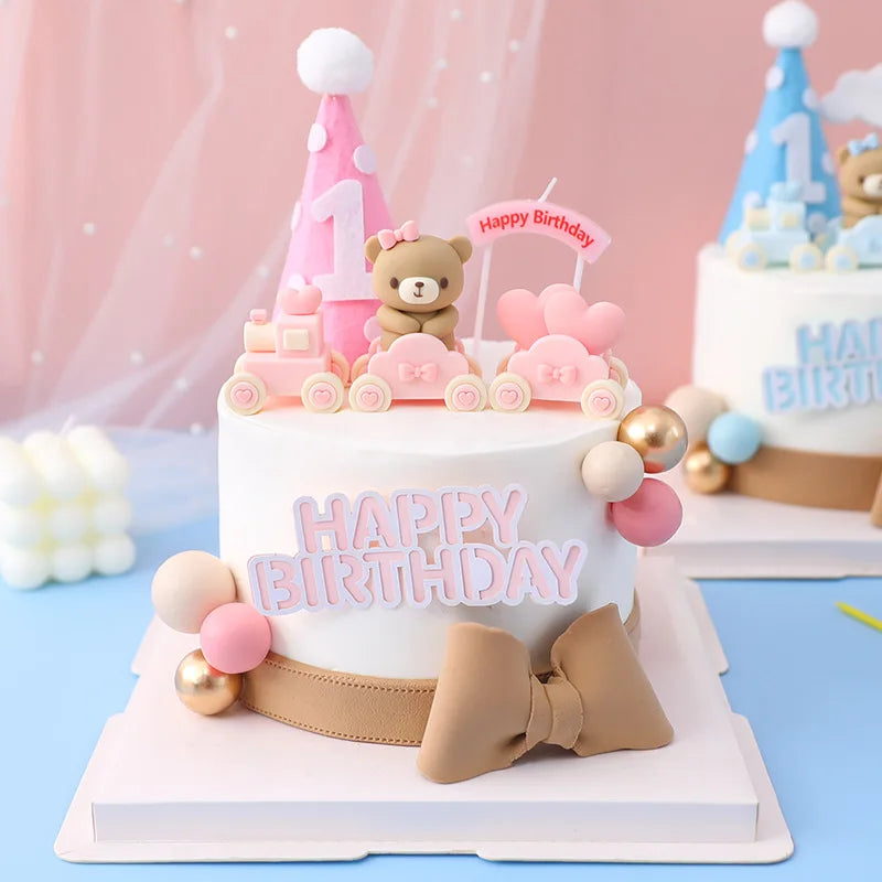 New 3D Pink Blue Bear Cake Topper Cute Mini Bear Doll Cake Decoration Boy Girl Birthday Party Gender Reveal Baby Shower Supplies