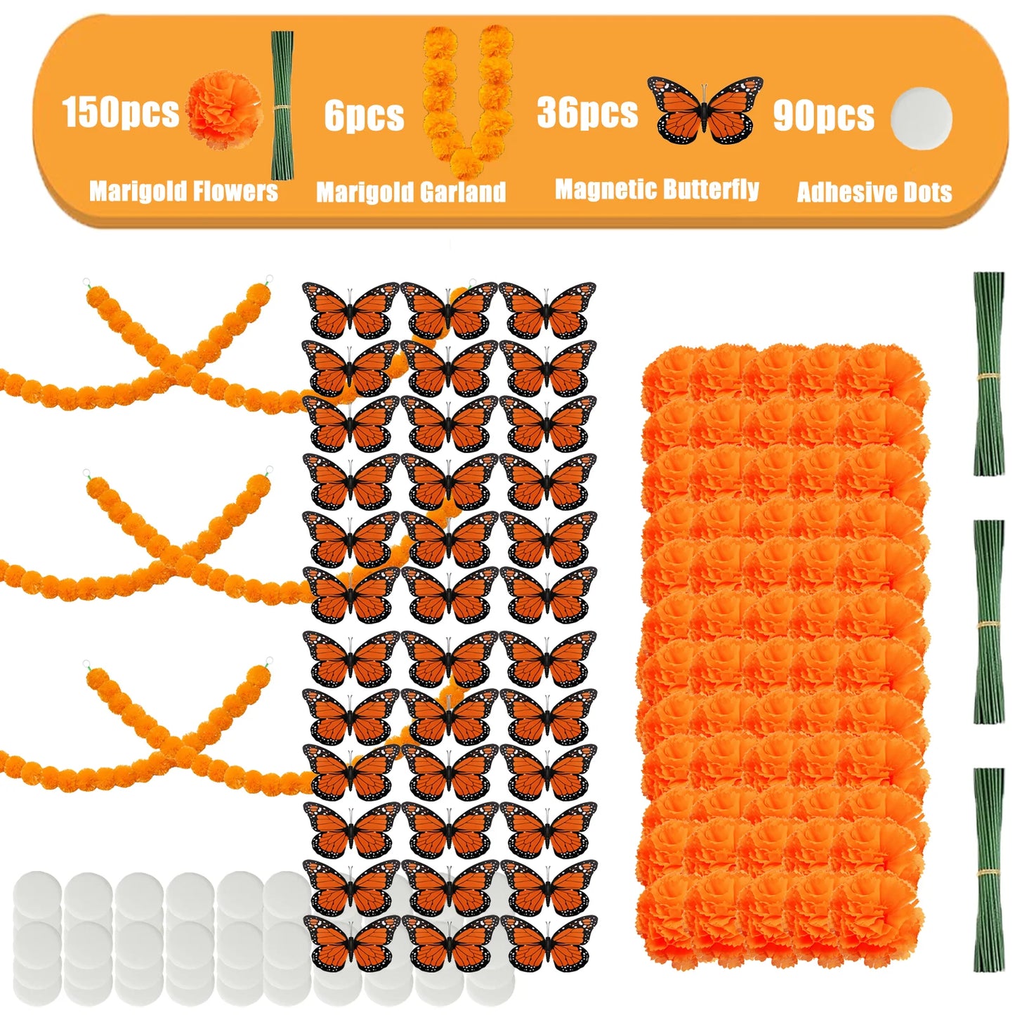 14~380pcs Day of the Dead Marigold Flower Garland Decorations Dia De Los Muertos ofrenda Altar with Monarch Butterfly Mexican