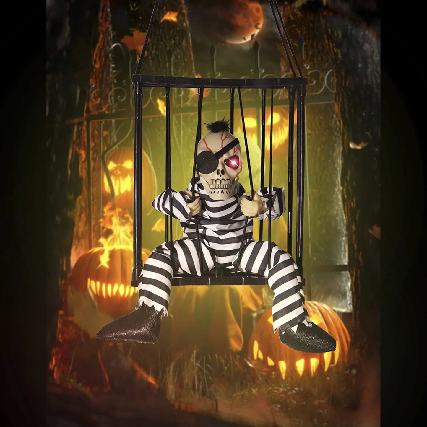 Halloween Decoration Prisoner Ghost In Cage Scary Skull Prop Electric Skeleton Toy Glowing Eye Sound Doll Hangable Talking Ghost