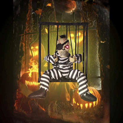 Halloween Decoration Prisoner Ghost In Cage Scary Skull Prop Electric Skeleton Toy Glowing Eye Sound Doll Hangable Talking Ghost