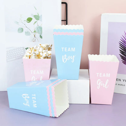 6pcs Gender Reveal Boy or Girl Popcorn Box Team Boy Girl Candy Treat Box Baby Shower Birthday Party Decor Packaging Supplies