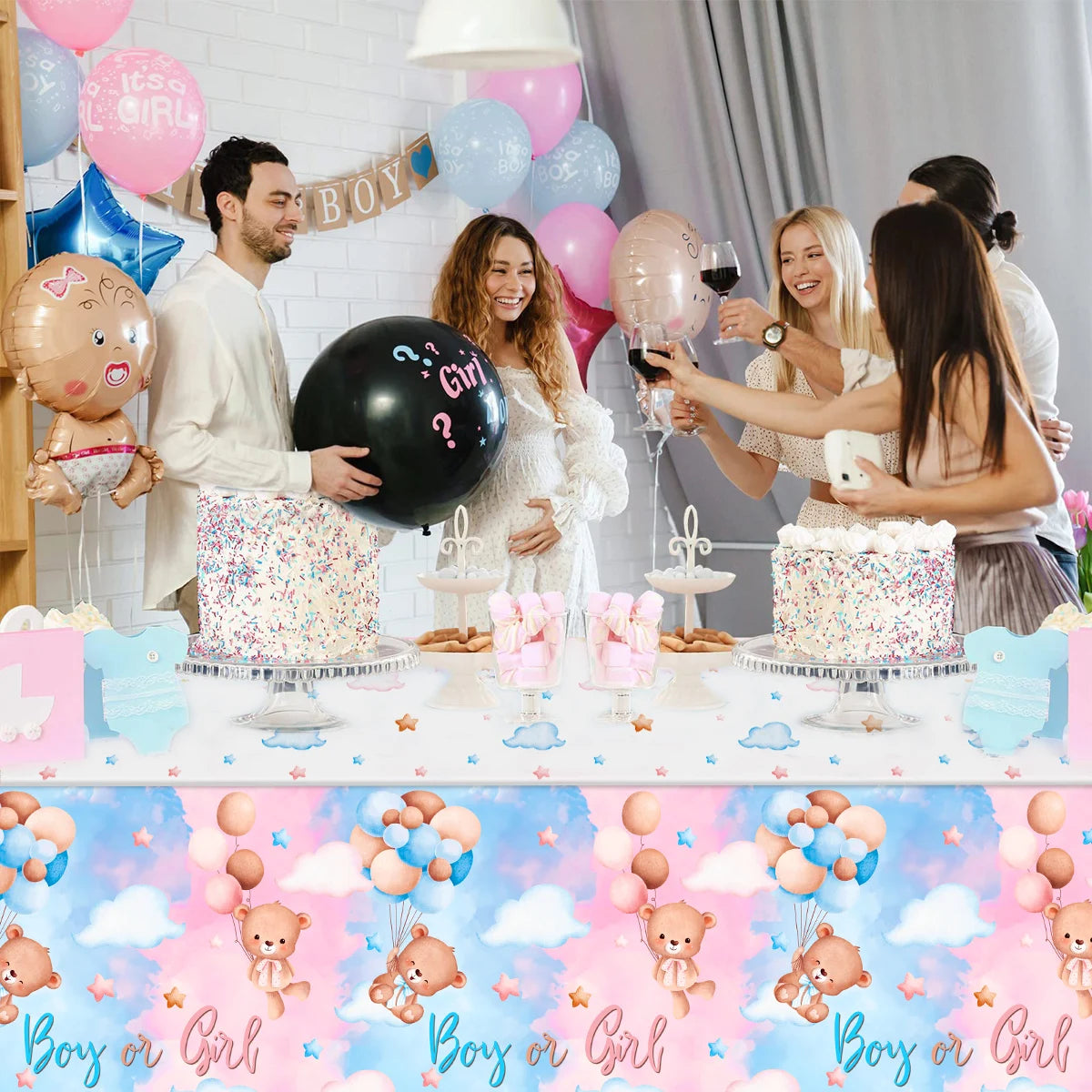 Gender Reveal Party Tablecloth Boy or Girl Baby Shower Decor Newborn Table Cover He Or She Gender Reveal Party Supplies