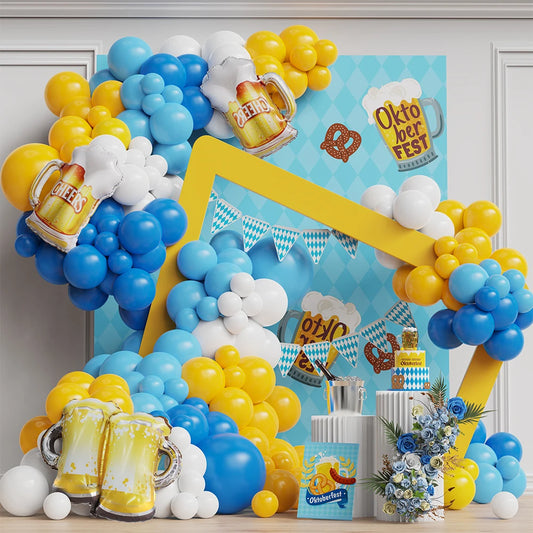 125pcs Oktoberfest Balloon Arch Garland Blue Yellow Balloons Beer Cup Balloon for Beer Birthday Party Baby Shower Wedding Decor