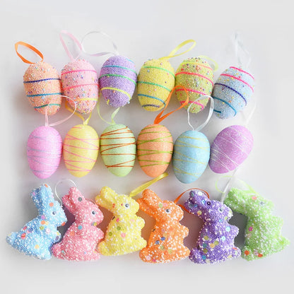 24/6pcs Painted Foam Easter Eggs Rabbit Hanging Ornaments Decoration for Home Easter Tree Pendants Basket Decor Kids Gift 2025