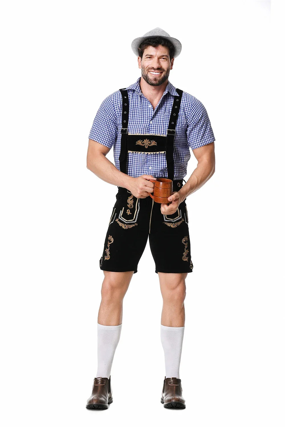 Bavarian Octoberfest German Beer Costume Male Oktoberfest Lederhosen Costume Beer Shirt Suspender Shorts Hat Cosplay Costumes