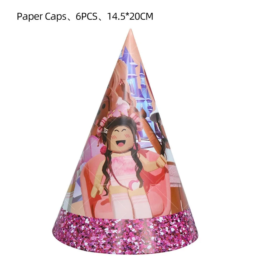 Pink Roblox Balloons Happy Birthday Banner Party Decoration Hot Robot Game Cake Topper Disposable Tableware Kids Girl Background