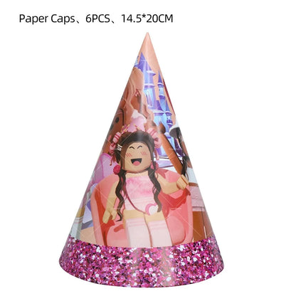 Pink Roblox Balloons Happy Birthday Banner Party Decoration Hot Robot Game Cake Topper Disposable Tableware Kids Girl Background