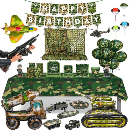 Military Party Decoration Set Camouflage Netting Tableware 4D Tank Balloon Camo Army Soldier Armored Vehicle Kids Birthday Gifts