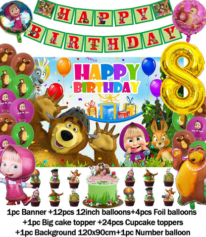 Cartoon Girl-Mashas-And Bear Kids Birthday Party Digital Balloon Banner Background Cake Topper Decoration Supplies Baby Gifts