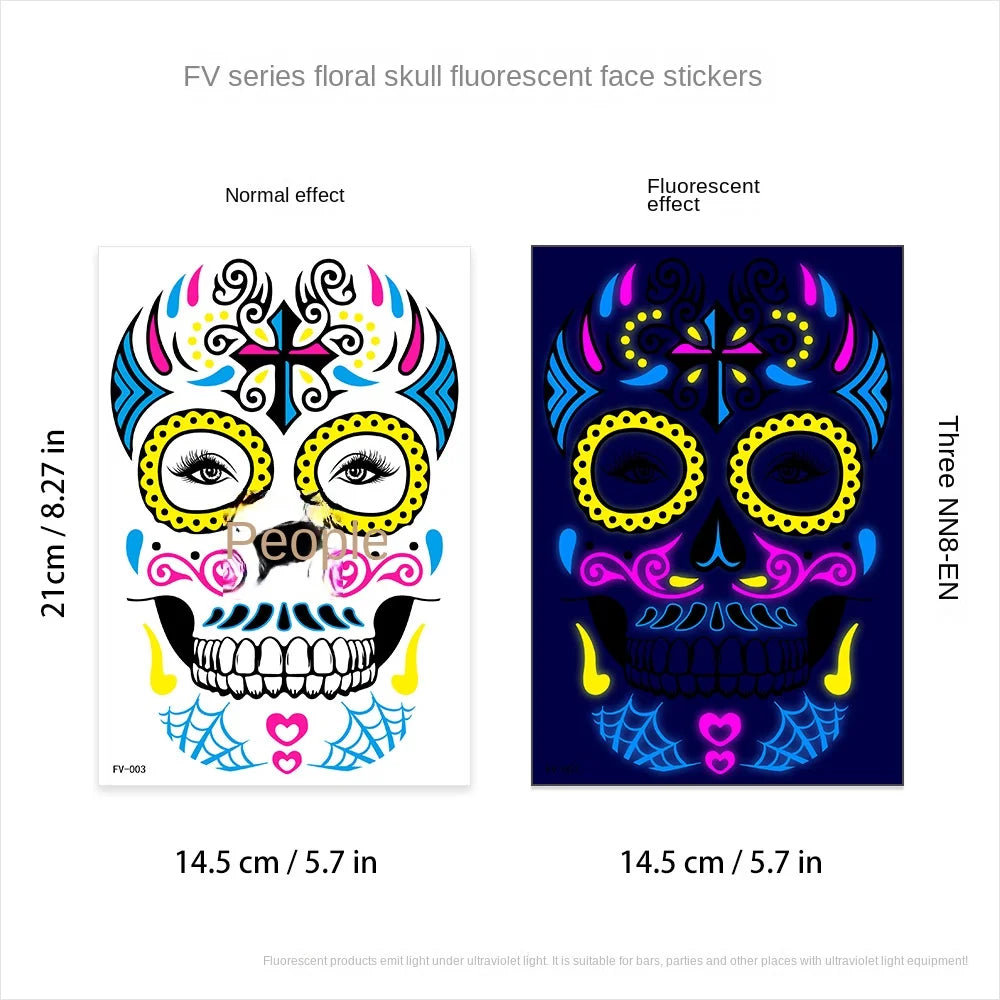 1/4/8PCS Waterproof Fluorescent Temporary Tattoo Neon Halloween Stickers Day of the Dead Party Festival Night Bar Face Stickers