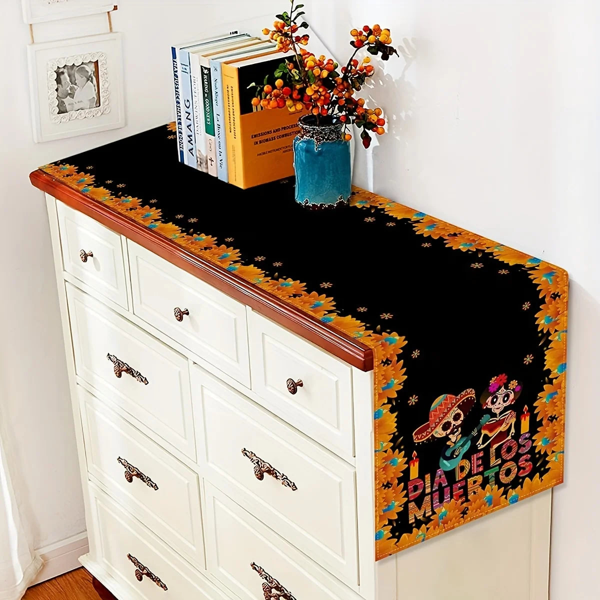 Mexican Day of The Dead Linen Table Runners Mexico Dia De Los Muertos Sugar Skull Table Runner for Home Party Dining Table Decor