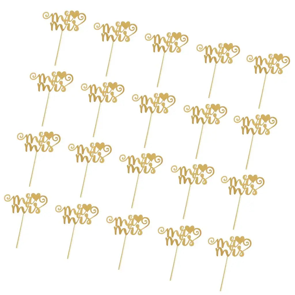 20pcs/set Glitter Paper Wedding Mr & Mrs Heart Cake Cupcake Topper Pick Decor for Wedding Party Anniversary Accessories