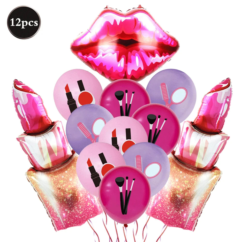12pcs Spa Makeup Party Balloons Set Lipstick Lips High Heels Foil Ball Girl Bachelor Party Valentine's Day Wedding Bridal Shower