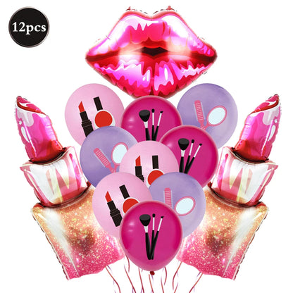 12pcs Spa Makeup Party Balloons Set Lipstick Lips High Heels Foil Ball Girl Bachelor Party Valentine's Day Wedding Bridal Shower
