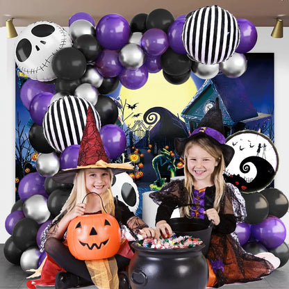 Halloween Party Balloon Garland Kit Nightmare Before Christmas Purple Black Balloon with Skull for Halloween Birthday Decoration