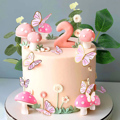LaVenty Pink Mushroom House Cake Decoration Mushroom Cake Decoration Fairy Cake Decoration Garden Fairy Cake Decoration