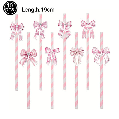 Bow Theme Party Supplies for Girl Pink Bow Cupcake Toppers Paper Drinking Straws Bridal Shower Bow Coquette Birthday Party Decor