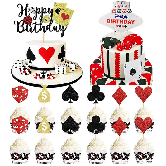 Casino Theme Cake Decoration Poker Pattern Cupcake Topper Adult Casino Poker Birthday Party Decoration Supplies