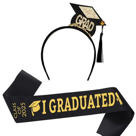 1Set Grad Cap Headband Graduated Satin Sash 2025 Graduation Party Decoration Supplies Photo Props Mini Bachelor Hat