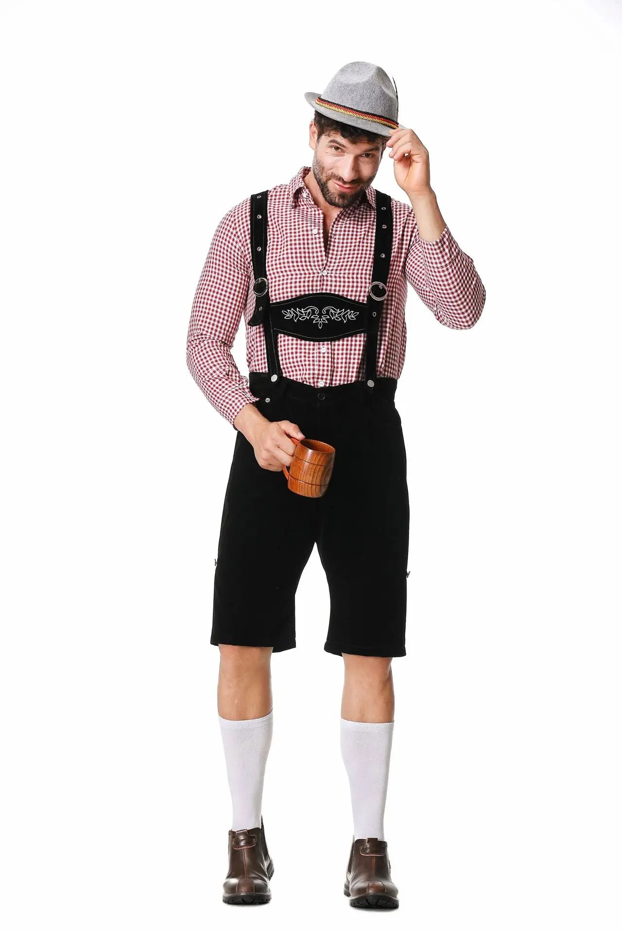 Three-Piece Set Oktoberfest Lederhosen Costume for Men Bavarian German Beer Festivals Suspenders Shirt Hat Male Cosplay Costumes