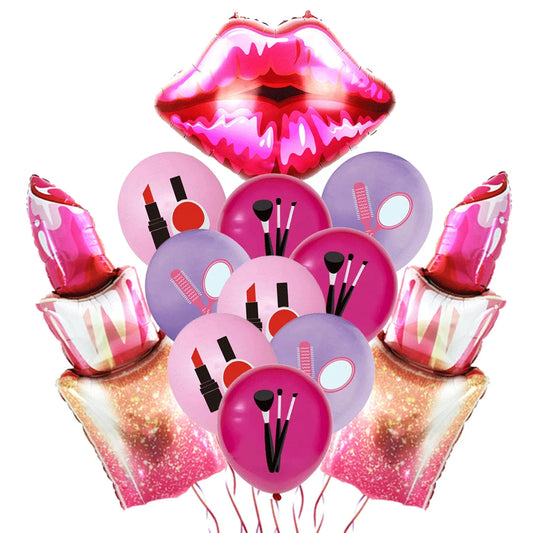 12pcs Spa Makeup Party Balloons Set Lipstick Lips High Heels Foil Ball Girl Bachelor Party Valentine's Day Wedding Bridal Shower