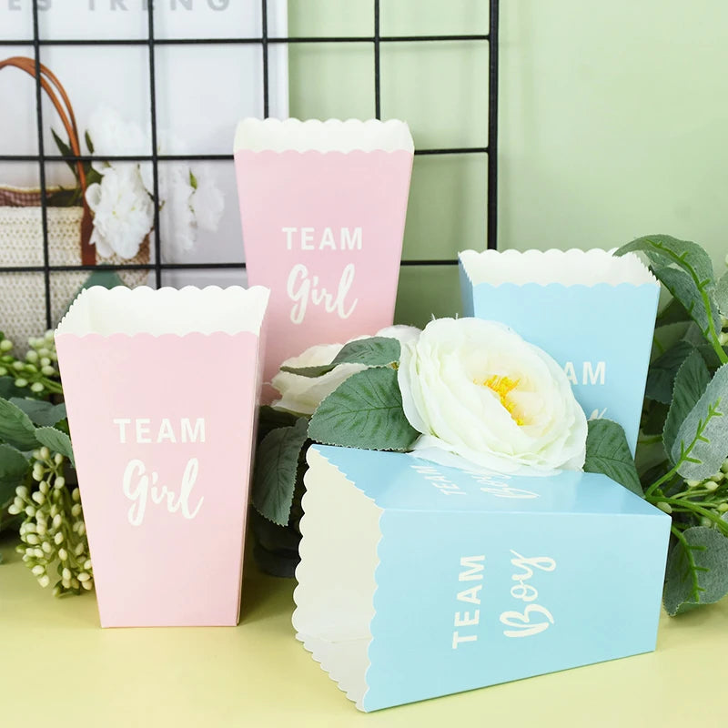 6pcs Gender Reveal Boy or Girl Popcorn Box Team Boy Girl Candy Treat Box Baby Shower Birthday Party Decor Packaging Supplies