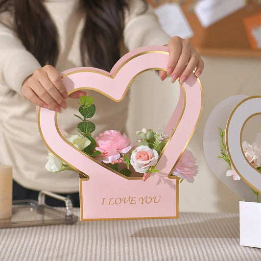 Heart-Shaped Paper Flower Boxes With Handles Rose Gift Bags For Weddings Valentine'S Day Mother'S Day Birthday Flower Basket