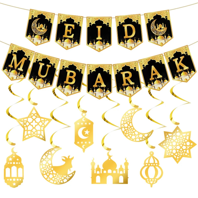 Eid Mubarak Paper Banner Garland 2025 Ramadan Moon Star Mosque Hanging Swirl Home Decoration Ornaments Islamic Muslim Party Gift