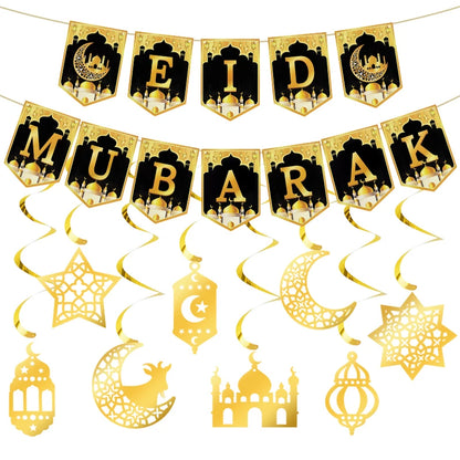 Eid Mubarak Paper Banner Garland 2025 Ramadan Moon Star Mosque Hanging Swirl Home Decoration Ornaments Islamic Muslim Party Gift