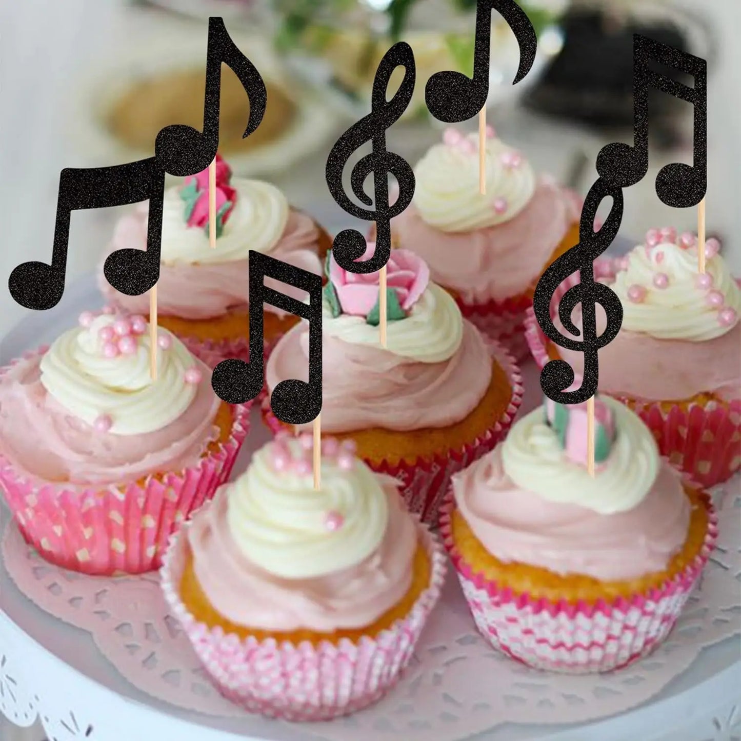 16PCS Music Notes Cupcake Toppers Black Glitter Musical Symbol Cupcake Picks for Rock Music Concert Theme Baby Shower Wedding B
