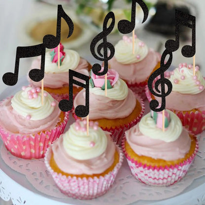 16PCS Music Notes Cupcake Toppers Black Glitter Musical Symbol Cupcake Picks for Rock Music Concert Theme Baby Shower Wedding B