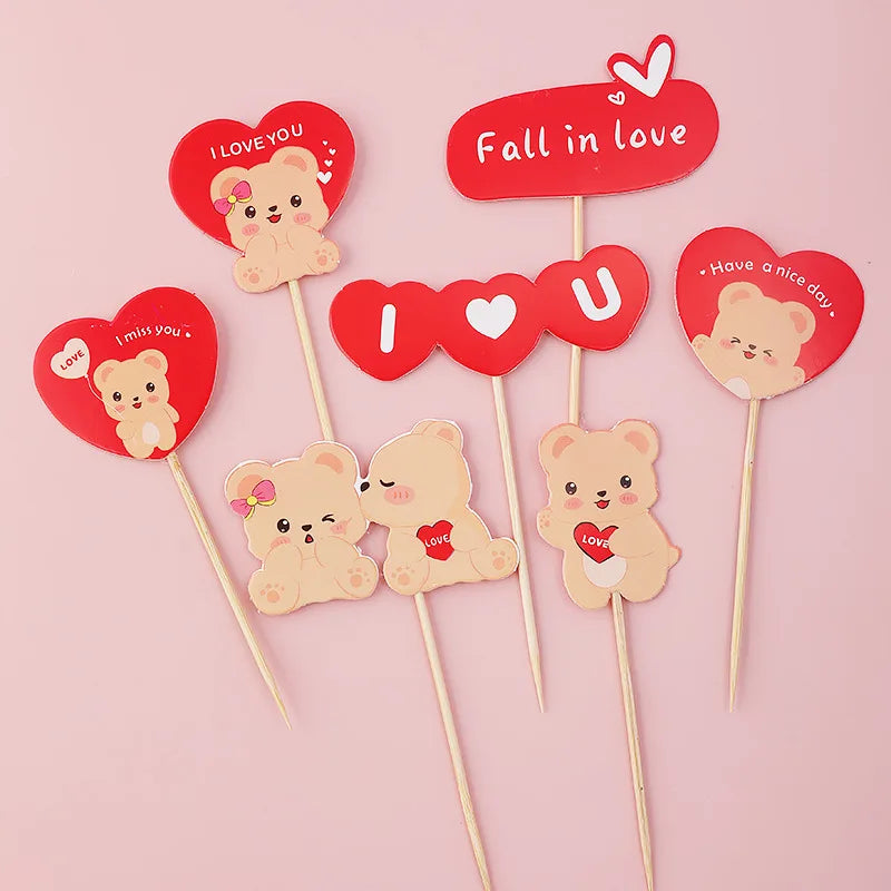Heart Bear Cake Topper Toppers Flag I Love You Happy Valentine's Day Anniversary Baking Cake Dessert DIY Decor Party Supplies